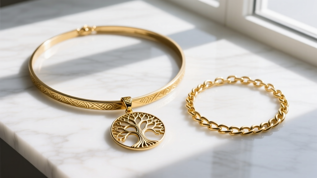 Flat lay of a 16-inch gold lariat, 18-inch tree of life pendant, and 20-inch chain arranged neatly on a white marble surface.