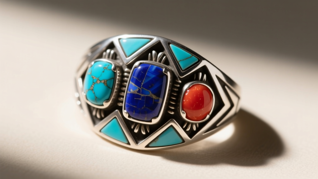 Top-down macro view of a Zuni channel inlay ring with geometric Sleeping Beauty turquoise, lapis lazuli, and red coral stones.