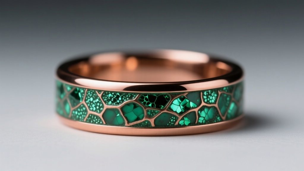 Macro shot of a copper-alloy fashion ring showing green oxidation spots on the inner band under cool LED light.