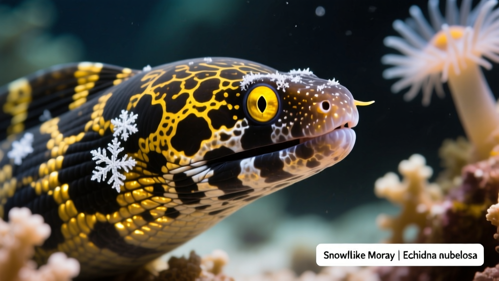 Close-up of a snowflake eel’s head showing yellow eyes and distinctive black-and-yellow patterning