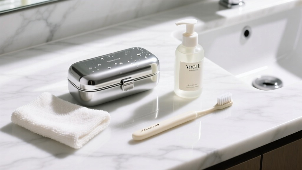 Flat lay of a silver care kit with a treated cloth, mild soap, and soft toothbrush on a white marble countertop in bright daylight