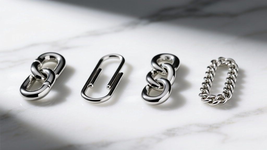 Macro photo of four silver chain links: Cuban, paperclip, curb, and Figaro, laid flat on white marble with crisp, sharp shadows.