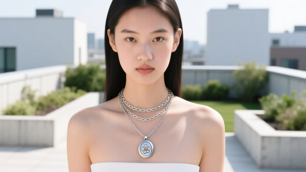 Teen model wearing a layered stack with a 14-inch girls locket necklace paired with a 16-inch paperclip chain in bright daylight