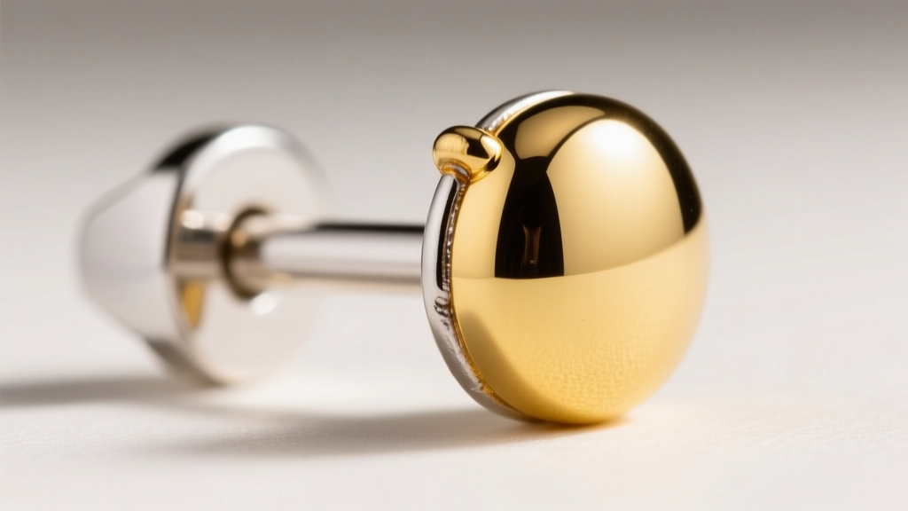 Close-up of an 18k white gold earring post soldered to a 24k yellow gold head, showing the color contrast at the joint.
