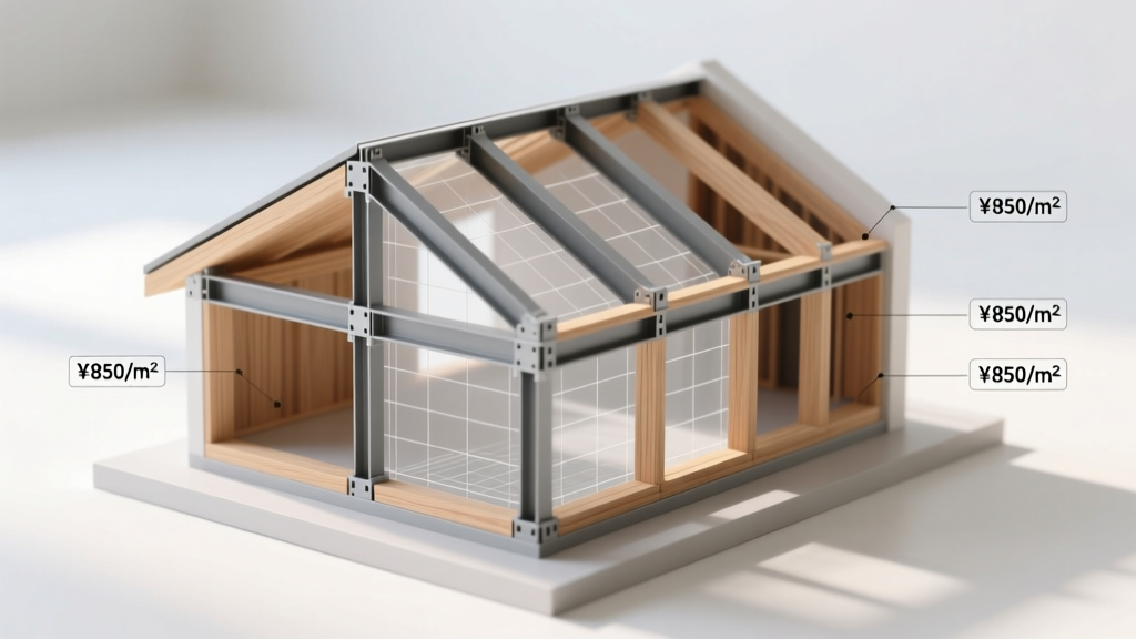 Blueprint overlaying a 3D model of cross-laminated timber framing and steel moment frames with material cost annotations