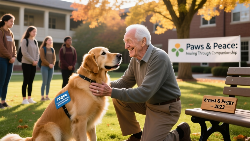 Peggy and Ernest smiling together during a campus wellness event, surrounded by students offering gentle pets