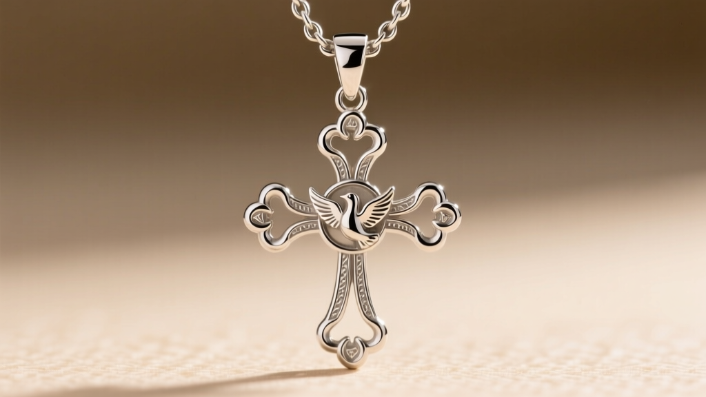 Close-up of connecting loops and dove bail on a rhodium-plated sterling silver Huguenot cross pendant with a high-polish finish.
