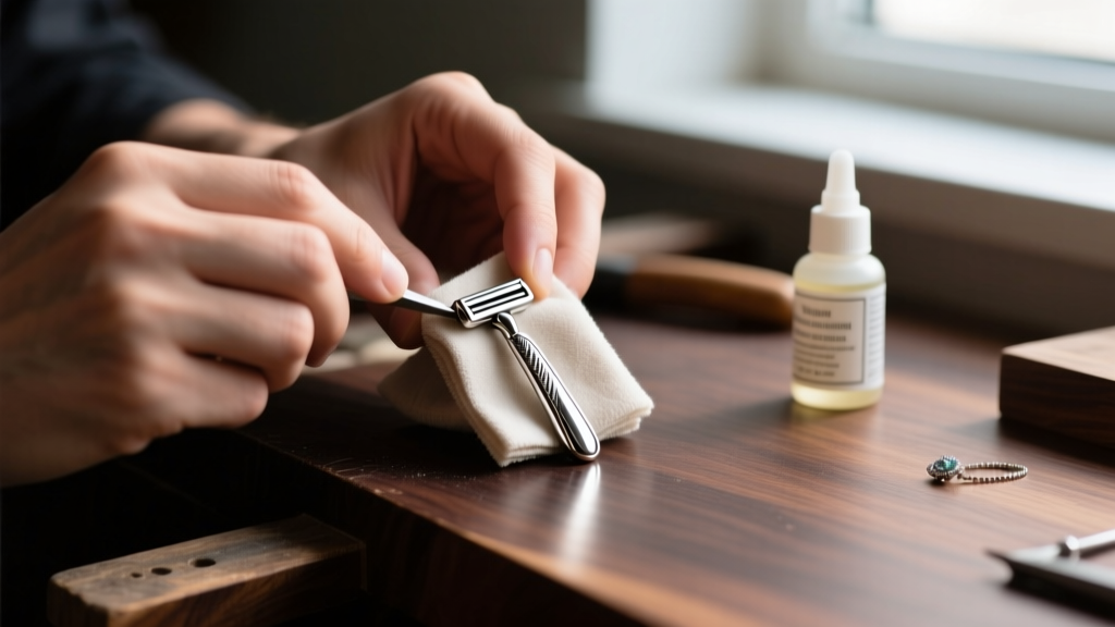 Hands gently polishing a stainless steel razor pendant with a microfiber cloth over a dark wooden workbench with jewelry cleaner