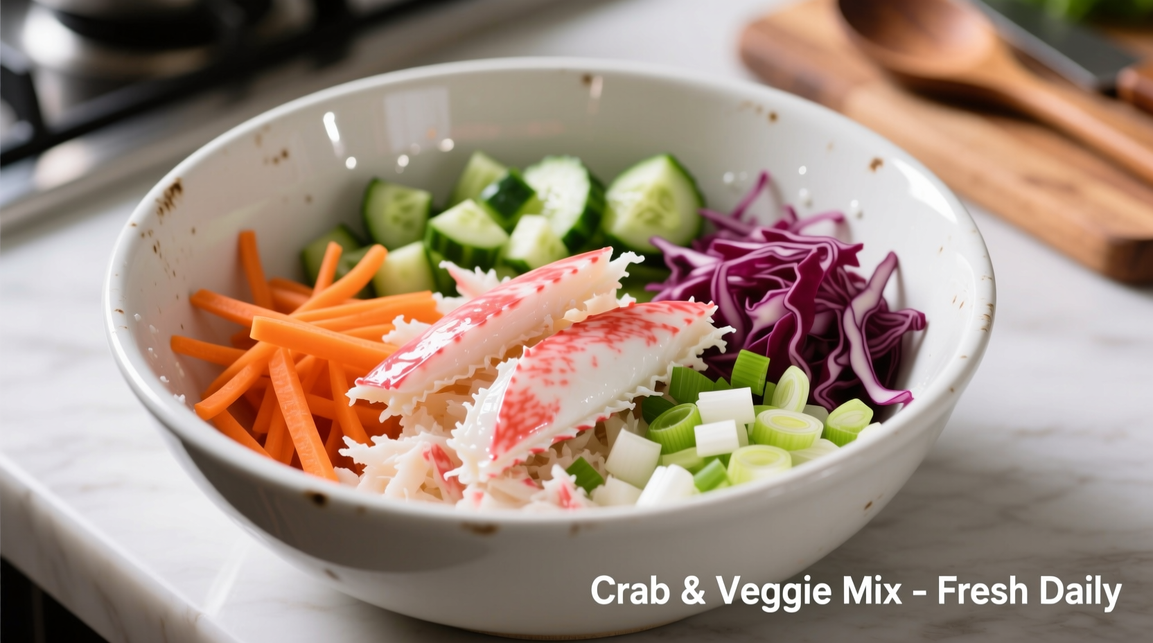 Flaked imitation crab in mixing bowl with vegetables