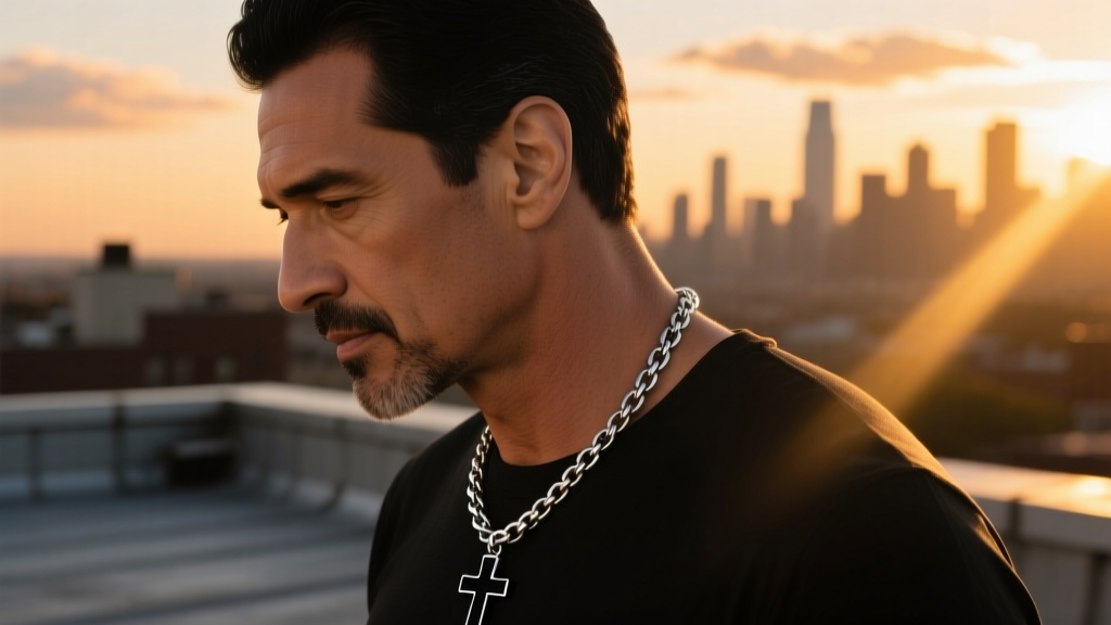 Side profile of a man wearing a 24-inch stainless steel Figaro chain with a matte black cross pendant in warm sunset lighting.