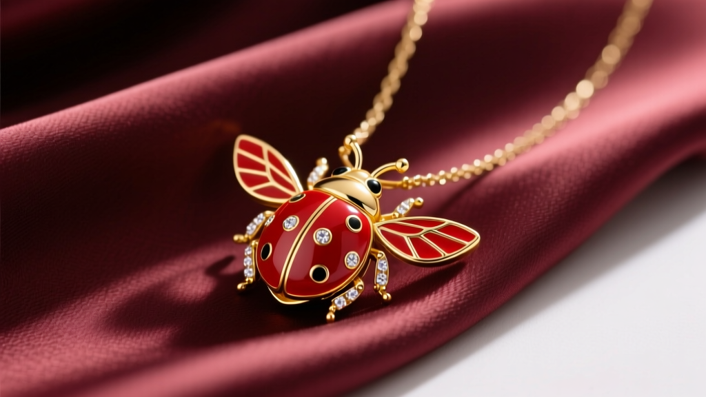 Close-up of an 18k yellow gold ladybird necklace with red vitreous enamel and diamond accents resting on draped silk fabric