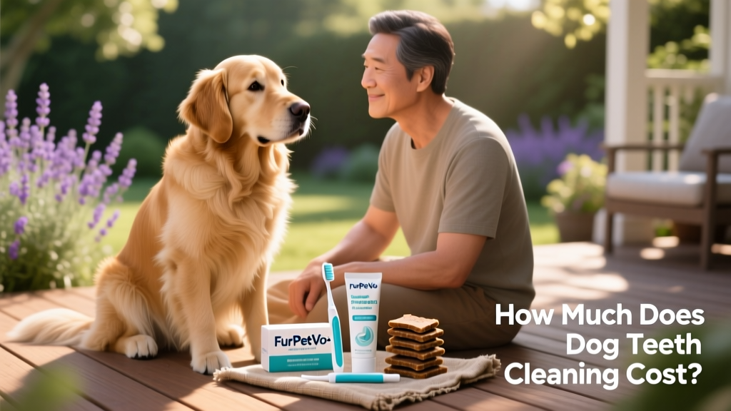 A calm dog sitting beside a pet parent, with a FurPetVo-branded dental care kit visible nearby—including toothbrush, enzymatic toothpaste, and dental chews