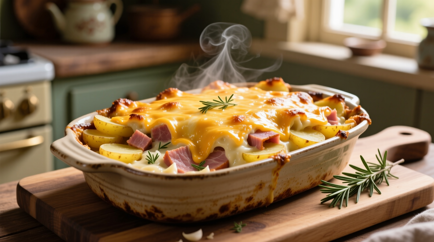 Golden baked ham and potato casserole with melted cheese
