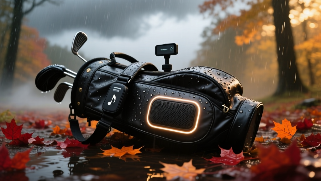 A golf bag resting in heavy autumn rain, featuring a waterproof Bluetooth speaker and rugged swing analyzer attached.