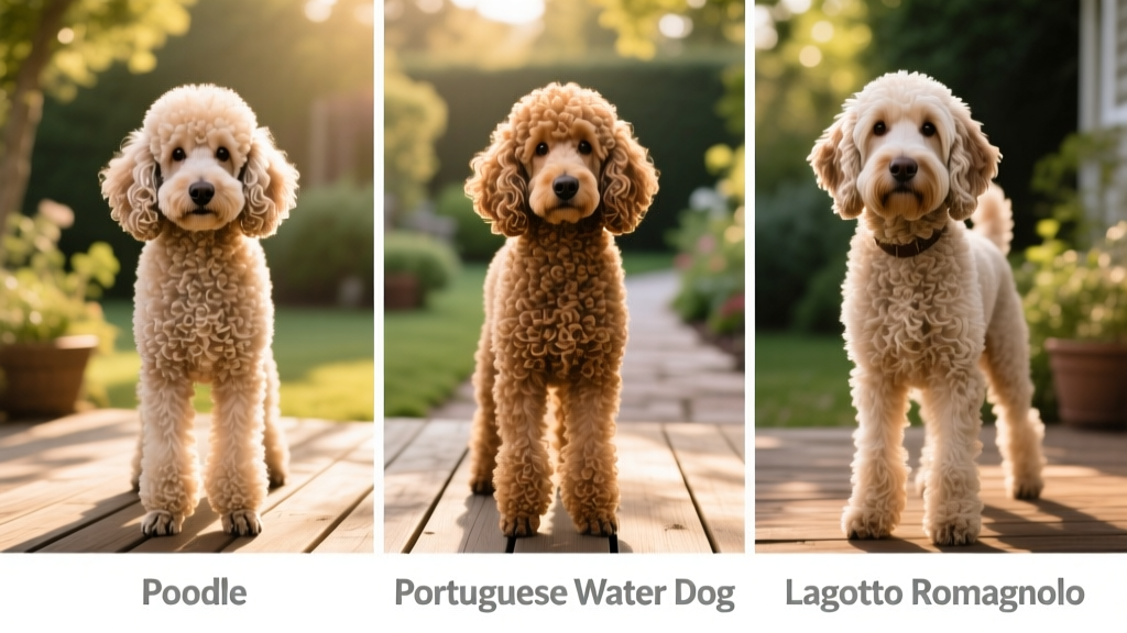 Side-by-side comparison of three curly-coated breeds: a Poodle, a Portuguese Water Dog, and a Lagotto Romagnolo, each with well-maintained coats