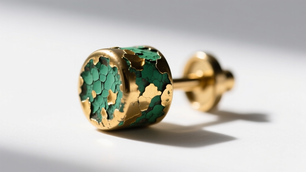 Extreme macro photography revealing the green oxidation and peeling gold plating on a cheap brass earbud earring post and clutch