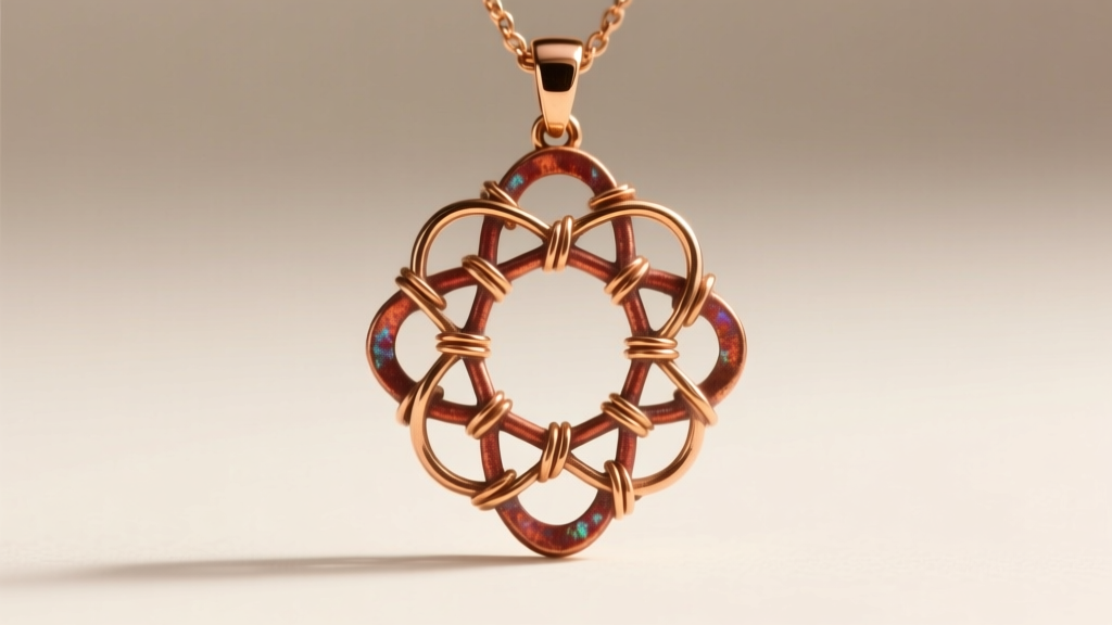Macro shot of an antique 14k rose gold filigree pendant showing slight copper oxidation along the intricate soldered wire joints