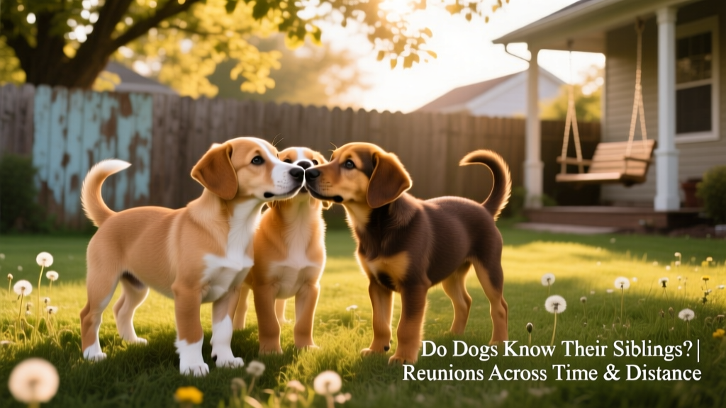 Three young dogs—two light brown with white markings and one darker brown—gently sniffing each other nose-to-nose in a sunlit backyard