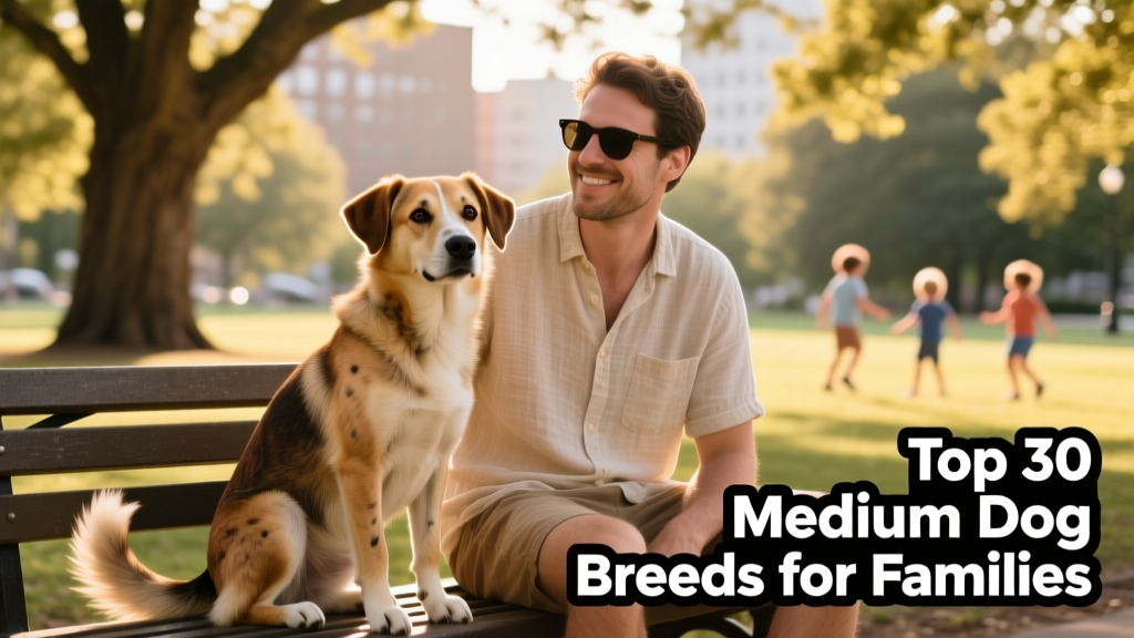 A friendly, medium-sized mixed-breed dog sitting attentively beside its owner on a park bench