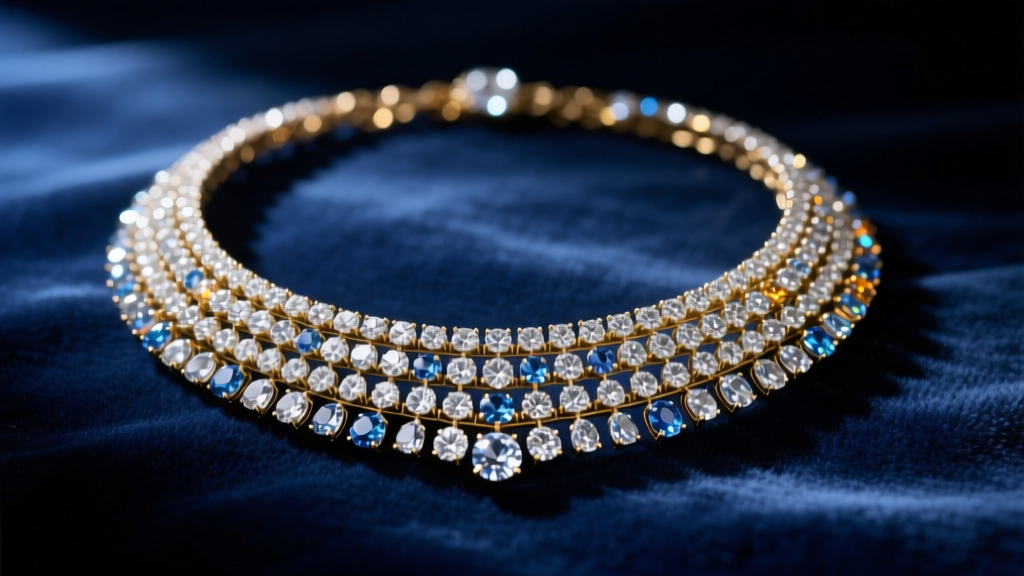 Lavish multi-strand antique diamond necklace resting on dark blue velvet, illuminated by soft directional gallery lighting.