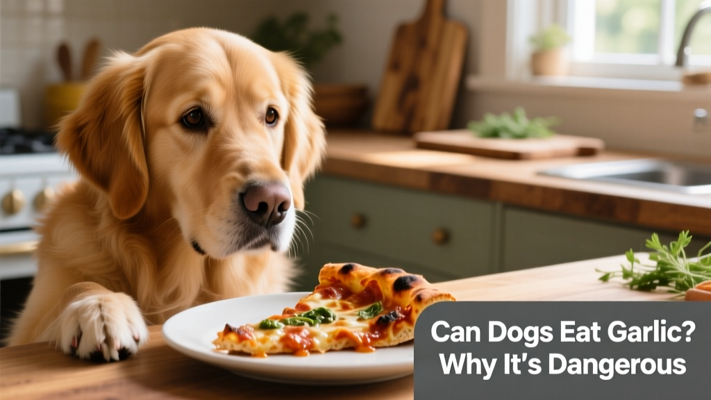 A dog looking longingly at a pizza slice with visible garlic-infused sauce