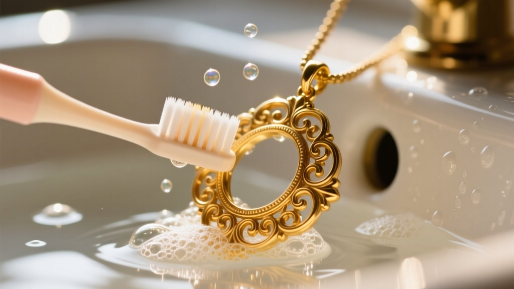 Close-up of a soft baby toothbrush gently cleaning deep crevices of a vintage repoussé gold pendant under warm soapy water.