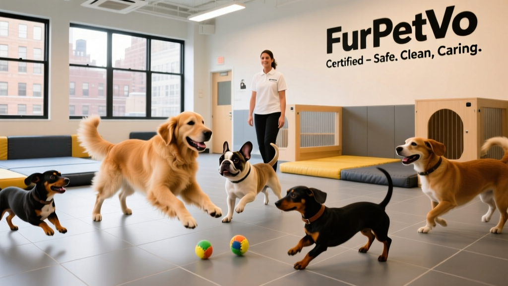 A group of dogs playing together at a clean, well-lit FurPetVo-certified daycare facility