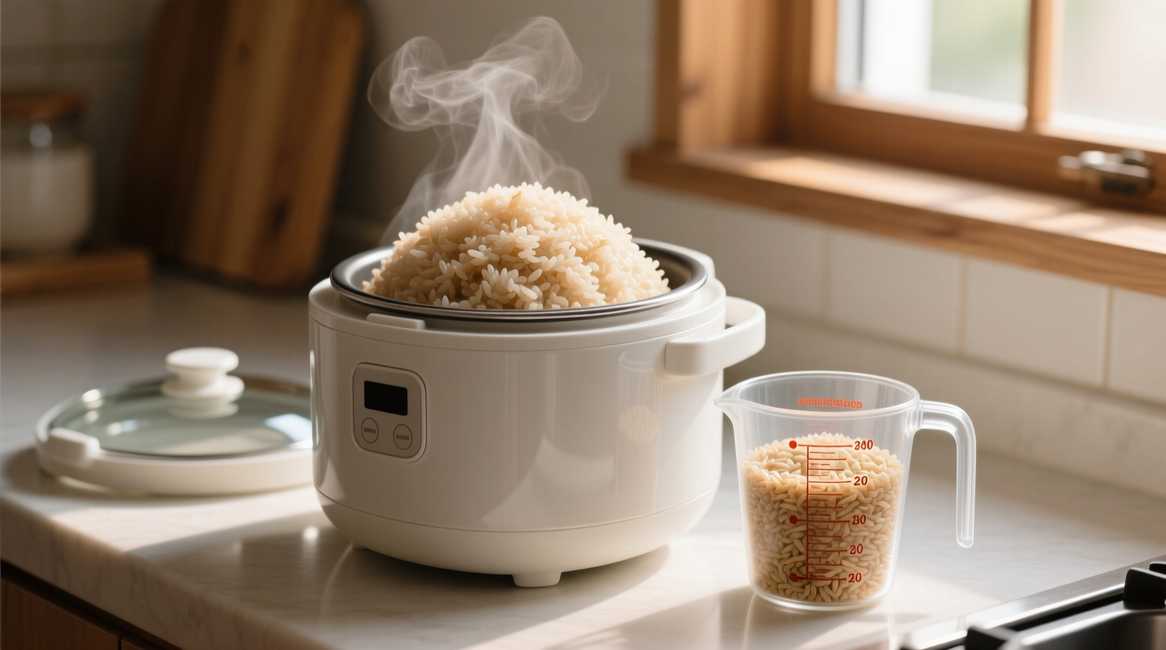 Fluffy brown rice in rice cooker with measuring cup