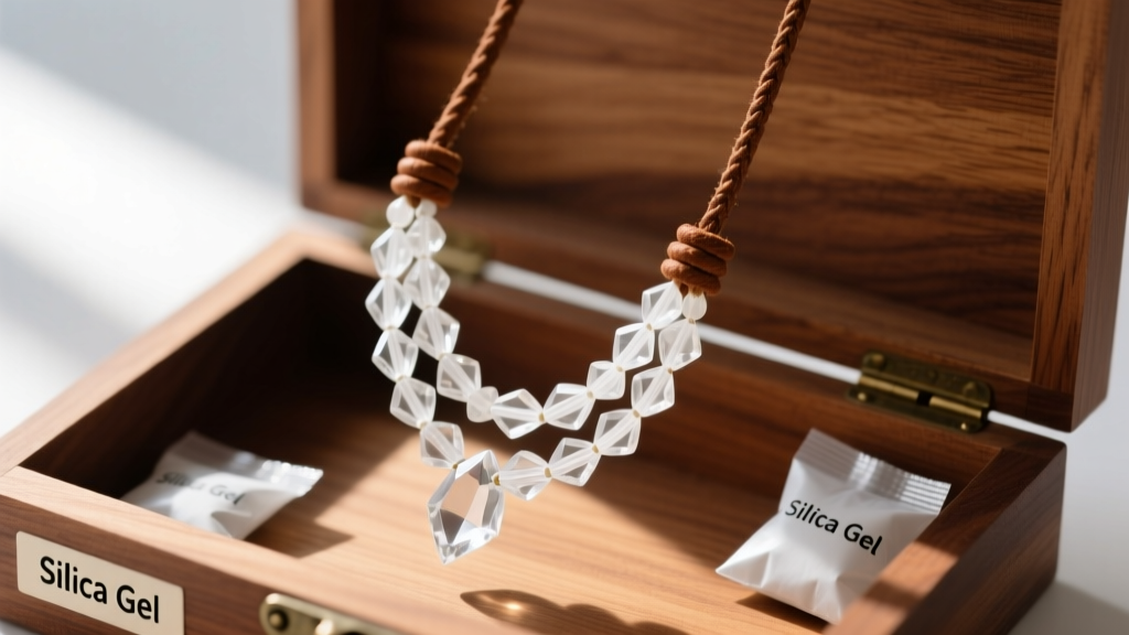 Neatly coiled white crystal necklace with brown strong leather cord stored in a cedar-lined wooden box with silica gel packets