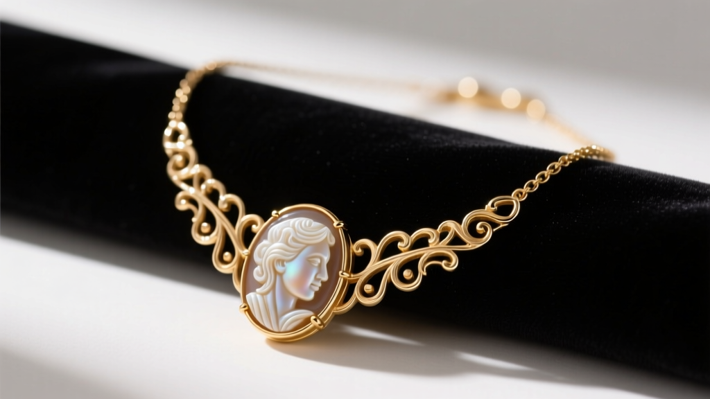 Vintage Avon cameo necklace with a carved shell profile in gold-tone filigree, resting on dark velvet under soft lighting.