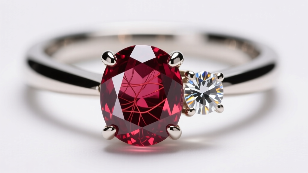 Macro shot of a ruby and diamond in a shared prong hoop setting, highlighting internal silk inclusions and bright light refraction.