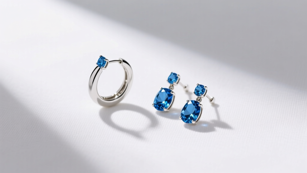 Overhead flat lay of blue topaz white gold hoop and dangle earrings arranged neatly on crisp white linen cloth in natural daylight.