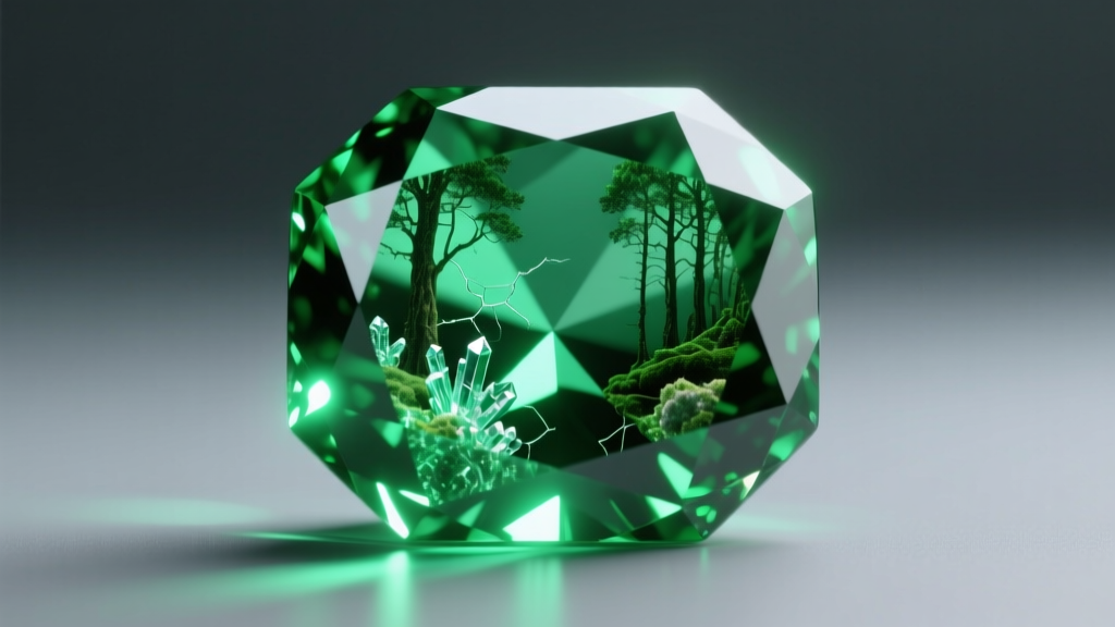 Macro view of natural jardin inclusions in a vivid emerald cut gemstone illuminated by bright fiber optic gemological lighting.
