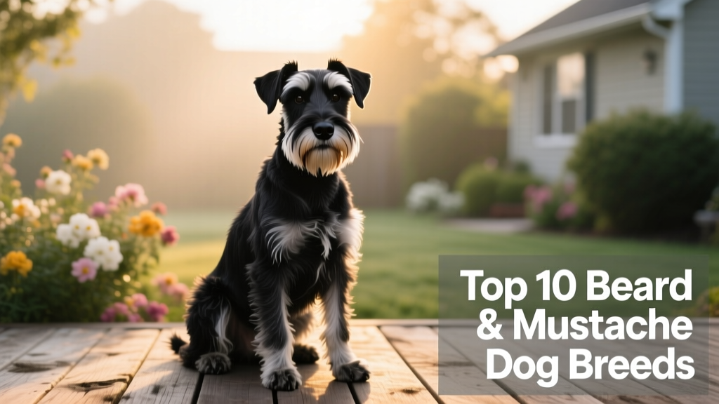A poised Standard Schnauzer with neatly groomed beard and mustache, sitting attentively on a wooden deck