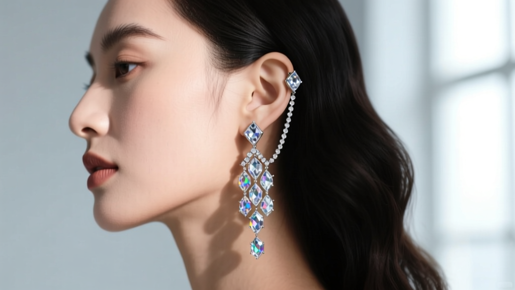 Side profile of a woman wearing an elaborate crystal ear cuff and chain drape bypassing the earlobe to prevent stretching