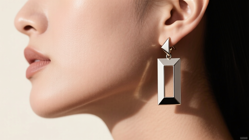 Side profile of lightweight titanium rectangle drop earrings, showing how the sharp geometric metal drape flatters the jawline.