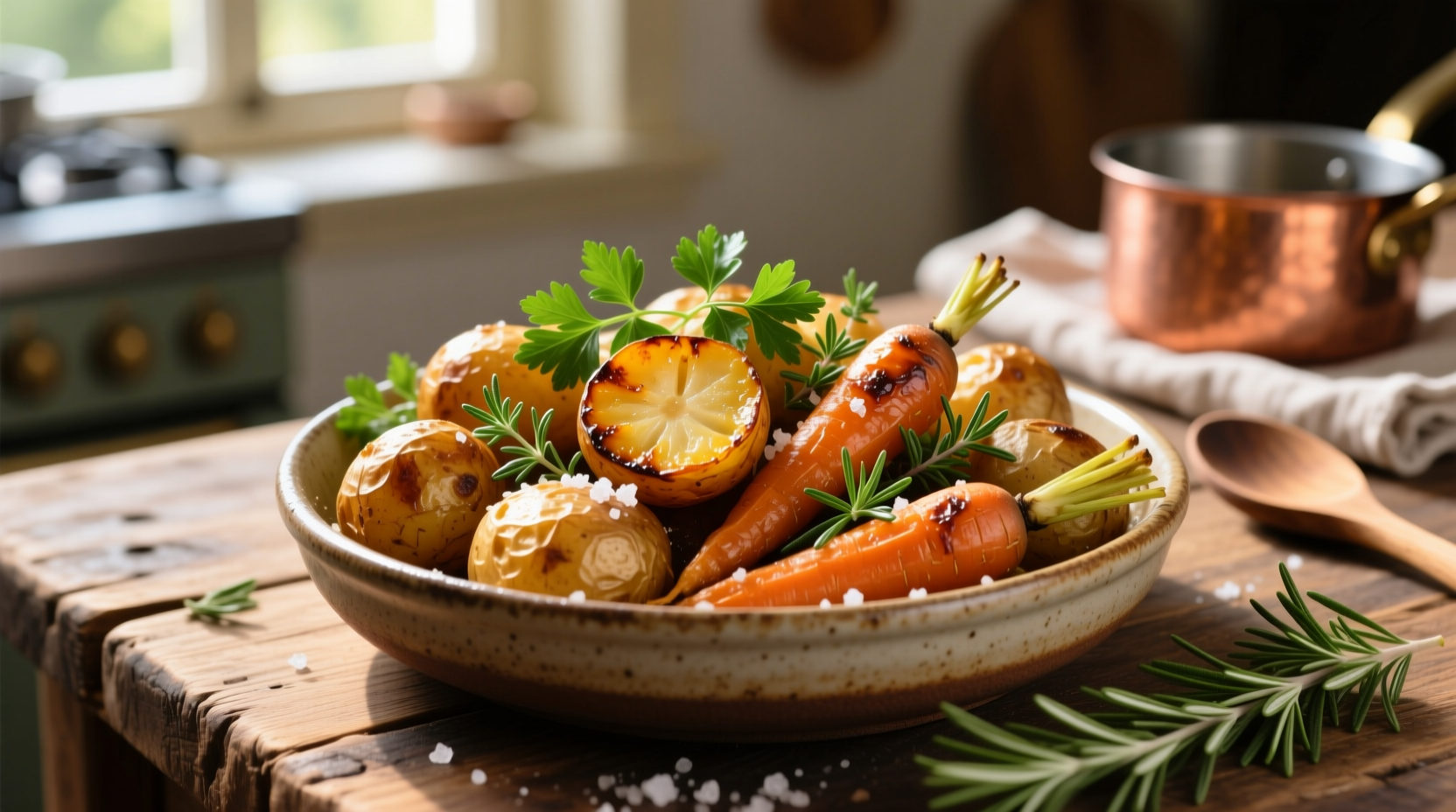 Golden roasted potatoes and carrots with fresh herbs