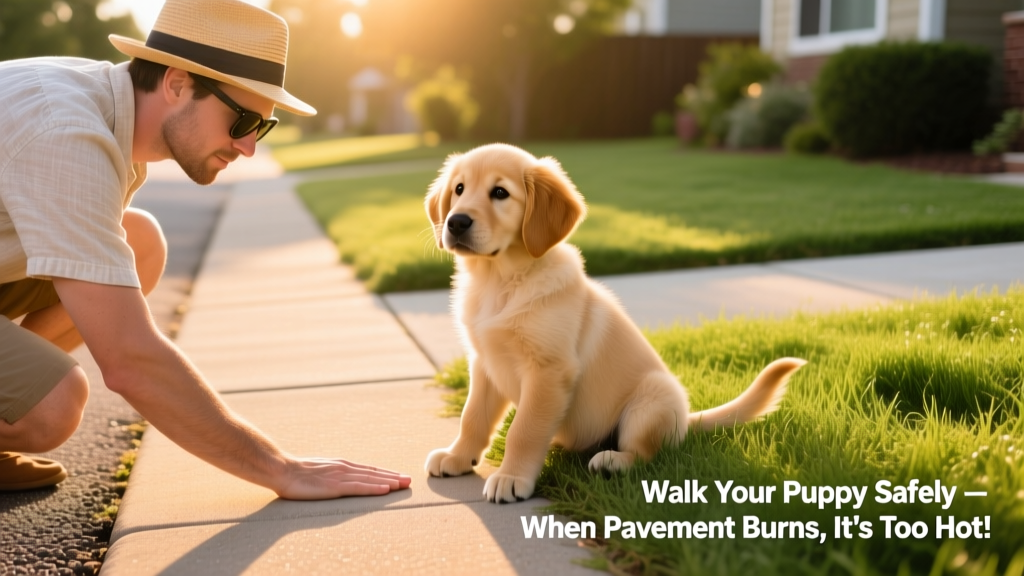 Owner checking pavement temperature with hand while puppy waits nearby on grass