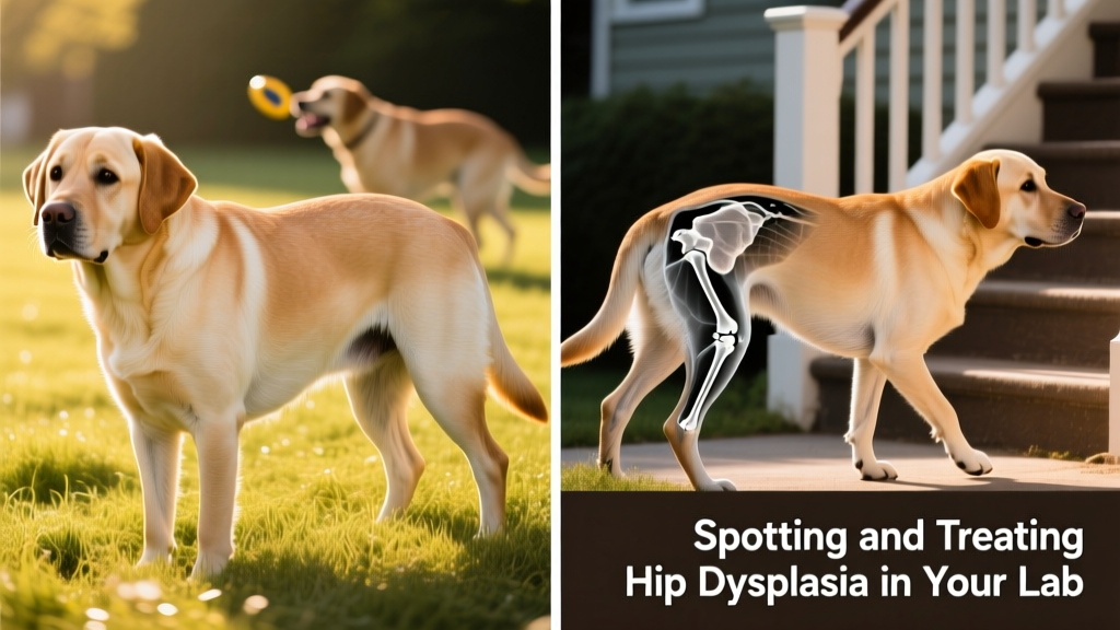Side-by-side comparison: healthy Labrador hip joint vs. dysplastic hip joint with visible joint space narrowing and bone remodeling