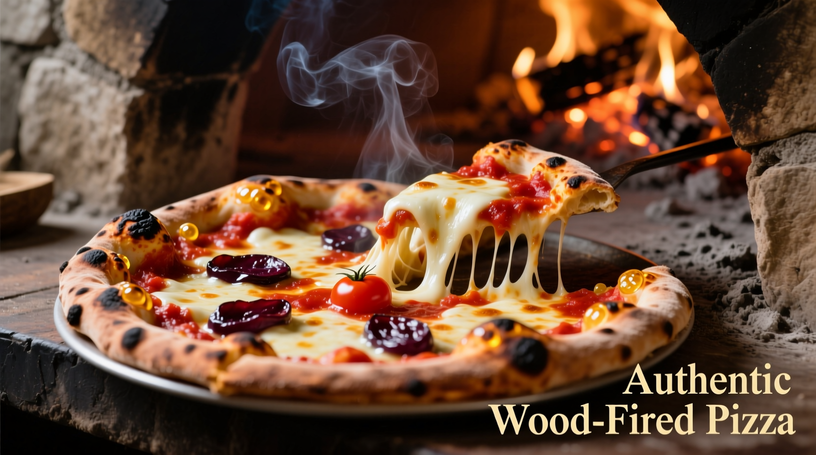 Wood-fired pizza with bubbling cheese and plum tomato sauce