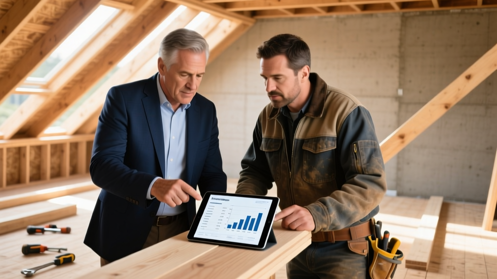 Financial advisor and general contractor reviewing lumber pricing charts and construction loan documents on a tablet at a residential framing site