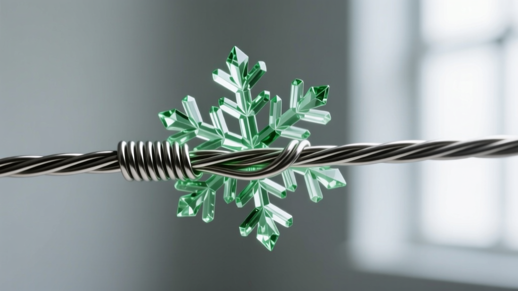 Extreme macro of a wrapped 22-gauge wire loop securing a green crystal snowflake, highlighting tension and clean metallic wraps