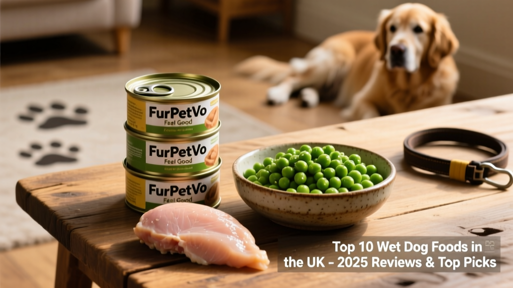 A stack of FurPetVo Feel Good wet food tins beside a fresh chicken breast and green peas—highlighting whole-food ingredients and transparency