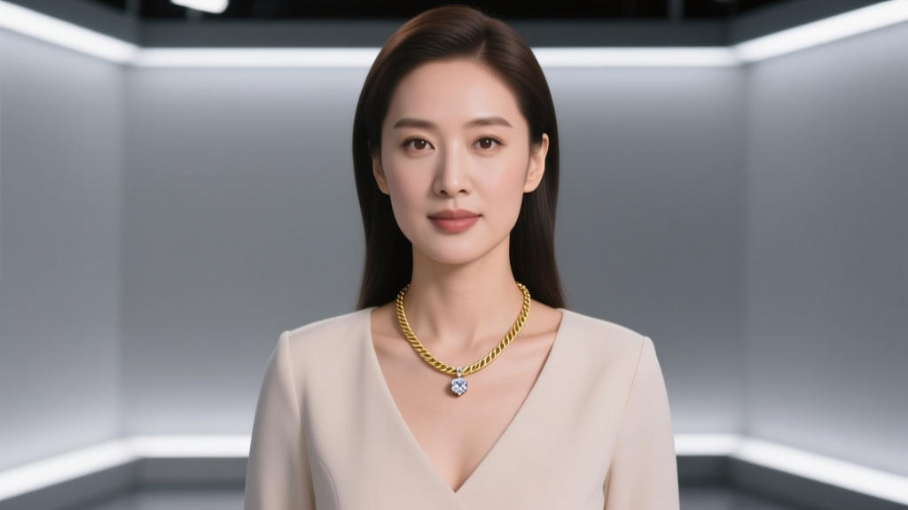 News anchor wearing a delicate 14k gold 16-inch cable chain with a small bezel-set diamond pendant under bright studio lighting.