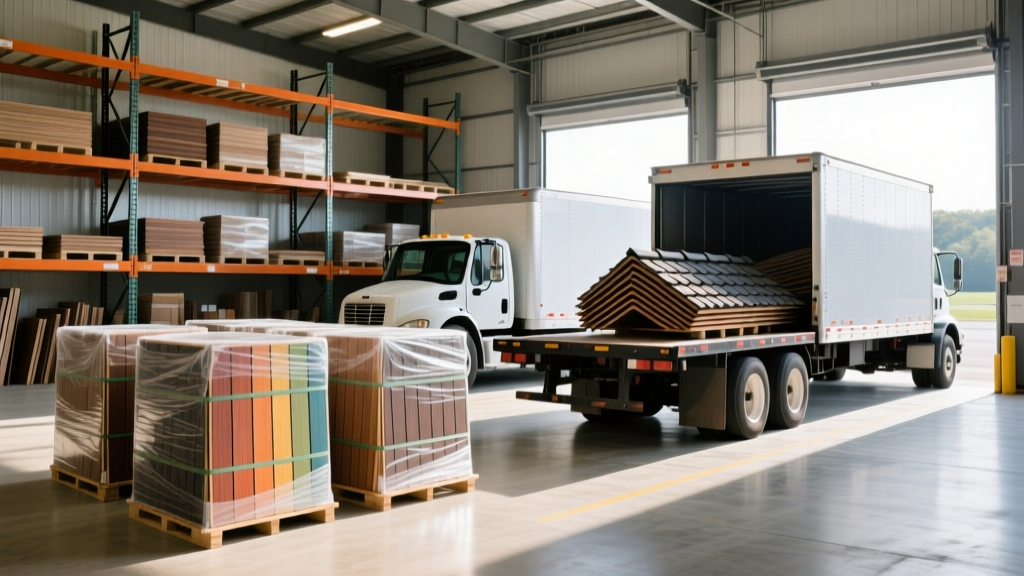Building materials warehouse in Frazer PA with flatbed trucks loading composite decking bundles and architectural asphalt roofing shingles