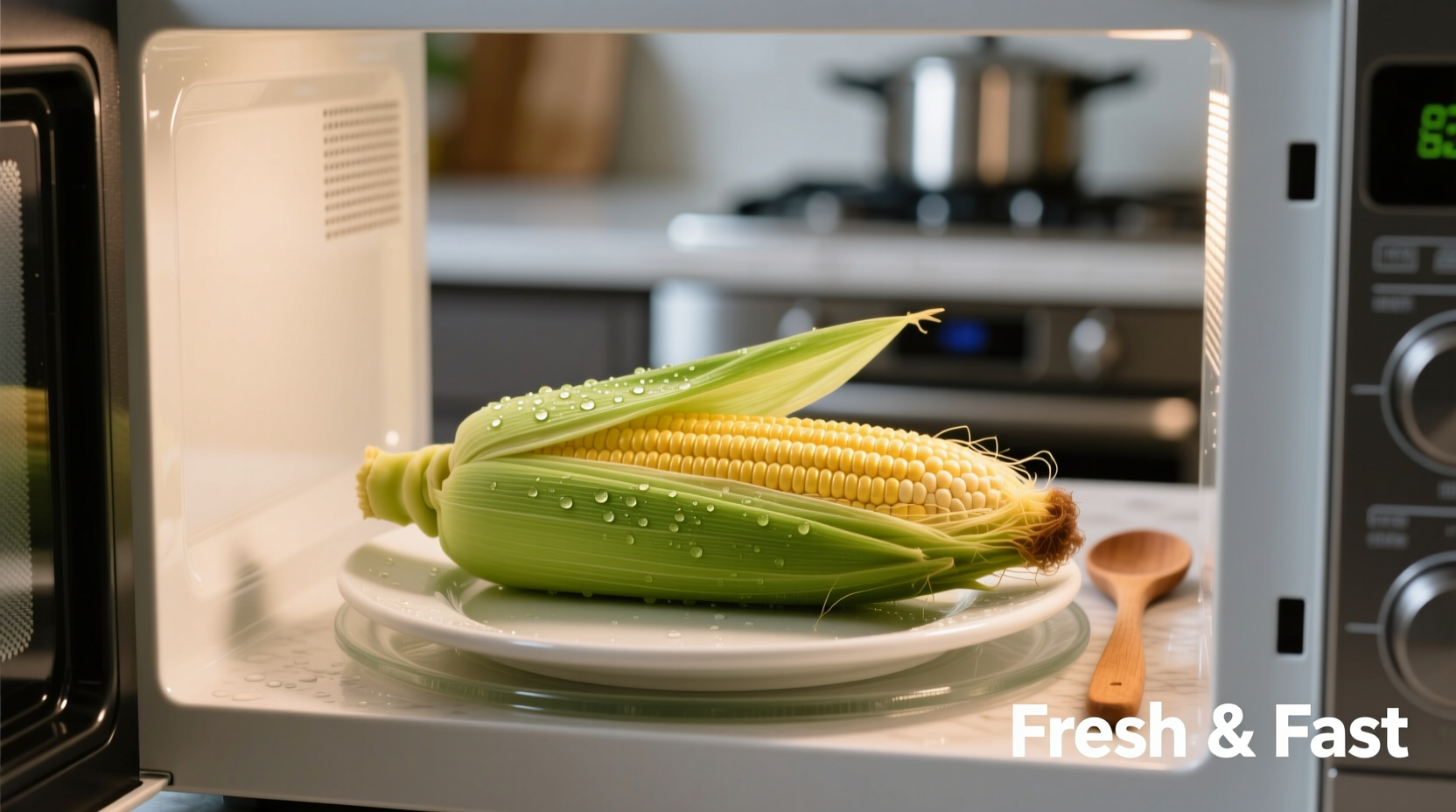 Fresh corn being cooked in microwave with husk on