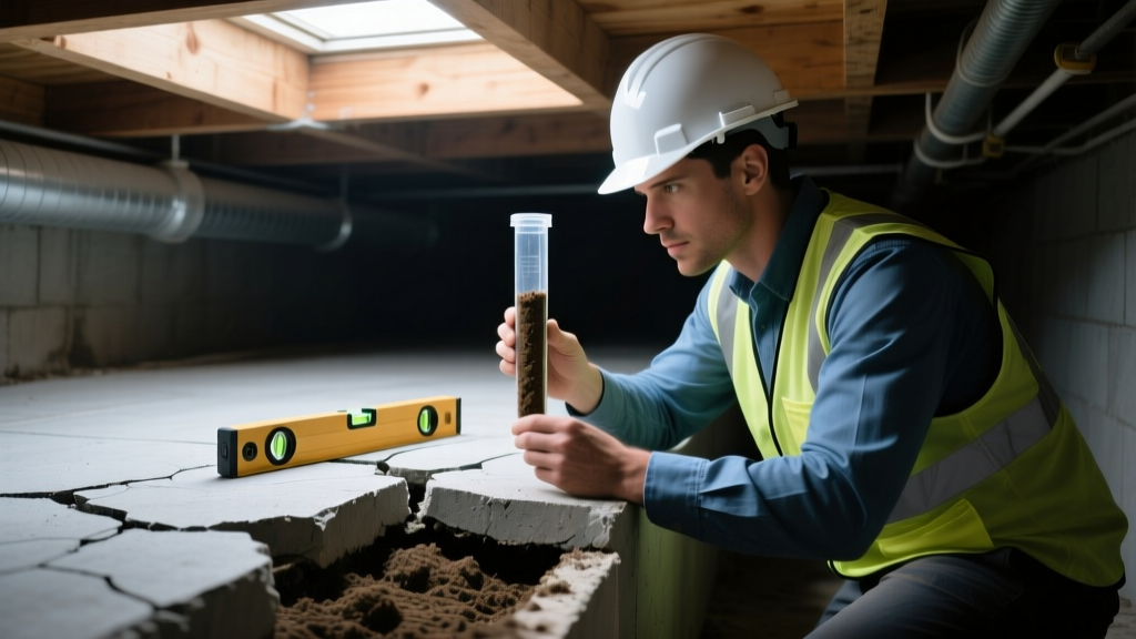 Structural engineer examining a cracked concrete slab foundation with a laser level and soil bore samples in a residential crawlspace