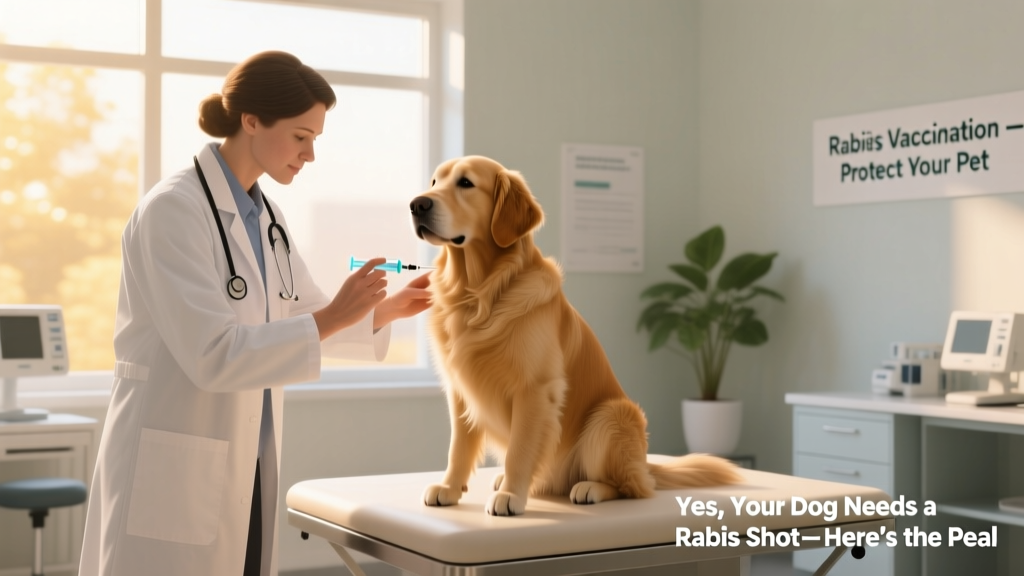A veterinarian gently administering a rabies vaccine to a calm, seated dog in a clinic setting