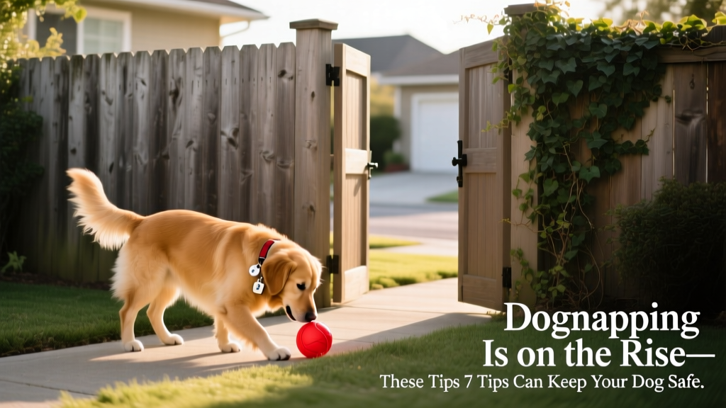 A well-maintained backyard with a tall, opaque wooden fence and a dog playing near the gate