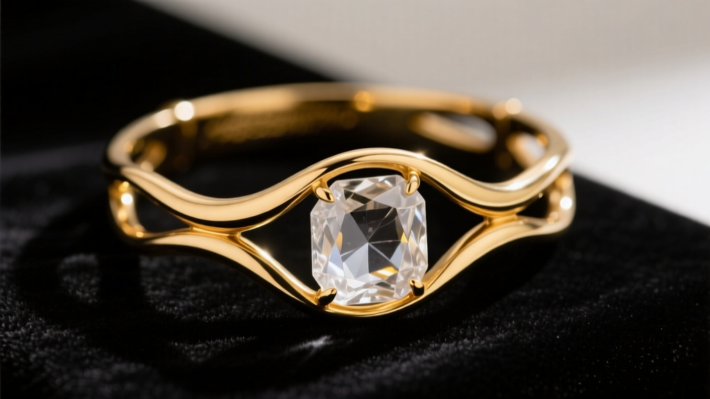 Macro shot of a 1940s Suzanne Belperron rock crystal and 22k gold cuff bracelet on dark velvet, highlighting organic curves.